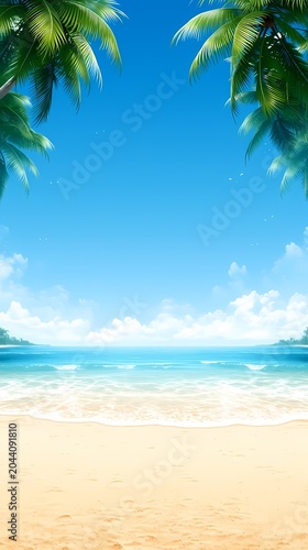 Vertical tropical beach background with paradise ocean view, sand, sun and vector palm trees frame