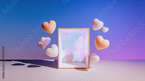 Green picture frame mockup surrounded by floating heart shapes for Valentines Day social media, romantic brand advertising and anniversary greeting card designs