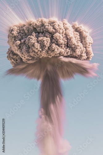 Large smoke mushroom cloud rising from a powerful detonation for nuclear policy, environmental hazard awareness and global security advertising on a neutral background