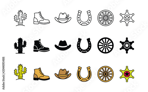 Western cowboy icons, 20 vector symbols, cactus, horseshoe, sheriff badge, hat, boot