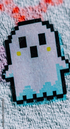 Pixel art ghost sticker on textured surface provides a close up view for gaming merchandise, craft hobby projects and digital culture branding concepts