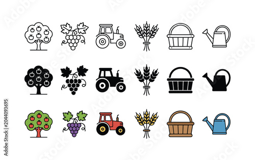Agricultural icons, farm symbols, tractor, gardening tools, harvest illustrations, vector set