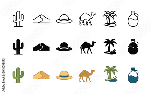 Desert icons, travel symbols, cactus palm tree camel, desert adventure graphics, 20 vector elements