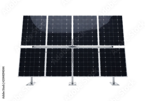 six reflective black monocrystalline solar panels on a sleek white frame, isolated against a seamless transparent background, precise 3d product rendering, concept of sustainable clean energy
