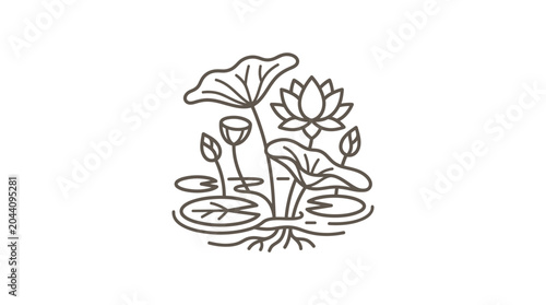 Valokuva Lotus pond scene with flowers and pads line art.