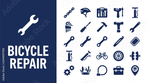 Collection of blue bicycle repair icons featuring various maintenance tools and equipment for professional bike mechanics