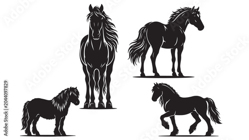 Black horse silhouettes set, majestic stallion and pony vector illustrations, equestrian animal collection for ranch branding and logo design