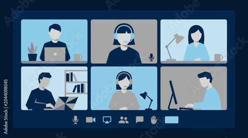Tableau sur toile Six participants in a virtual video conference grid during a remote collaboration session