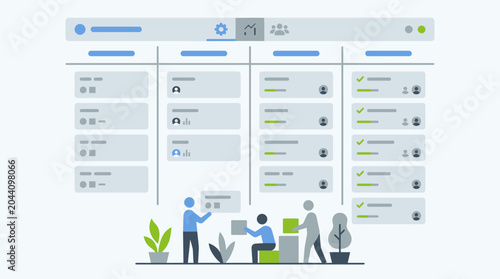 Fotografie Multi-column dashboard user interface with colorful widgets and progress bars
