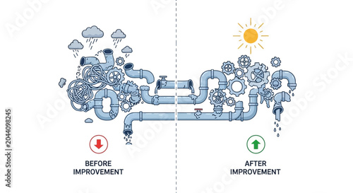 Before and after comparison of a complex system, illustrating improvement.