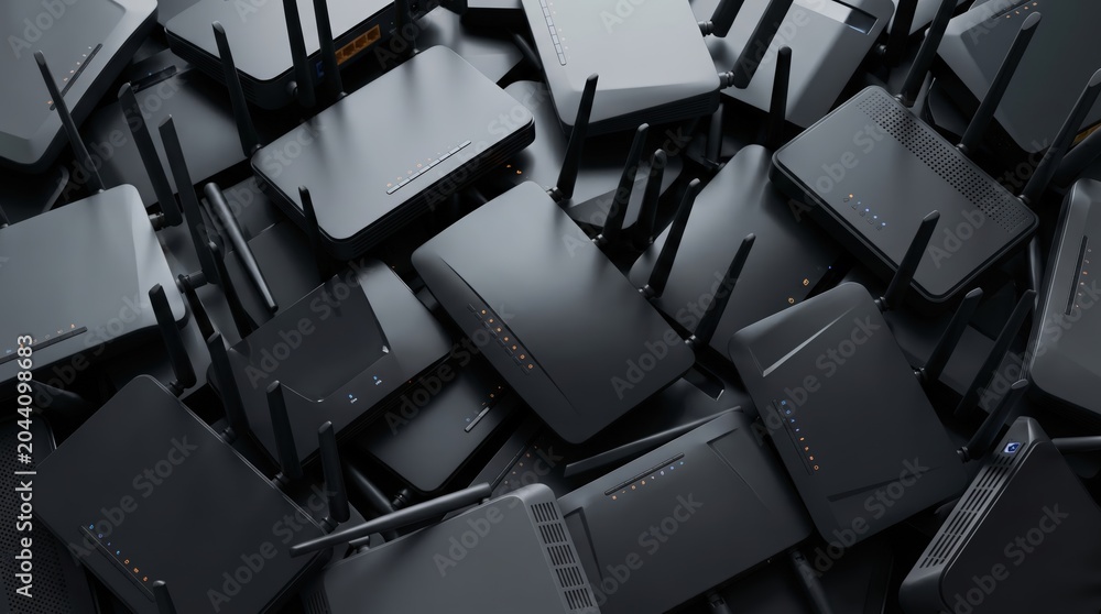 Fototapeta premium A dense pile of modern black wireless internet routers with glowing status indicator lights arranged in a chaotic overlapping pattern for network technology concepts