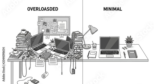 Obraz na płótnie Comparison between a messy cluttered desk and an organized minimalist workspace