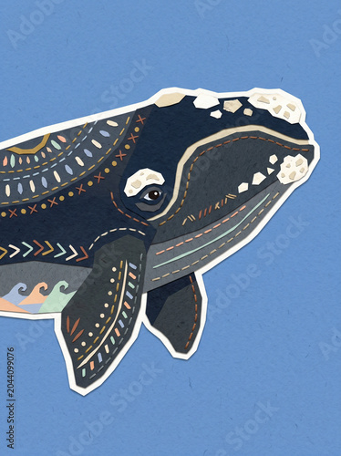 Right Whale Portrait, Folk Art Illustration, Blue and Orange, Coastal Nursery Decor