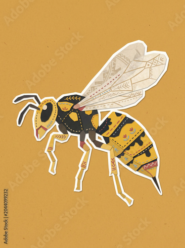 Wasp Hornet Insect, Folk Art Illustration, Mustard Yellow and Black, Whimsical Entomology Decor