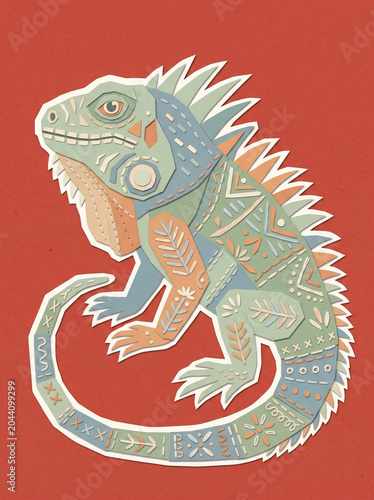 Iguana Lizard, Folk Art Illustration, Sage Green and Rust Red, Desert Whimsical Decor