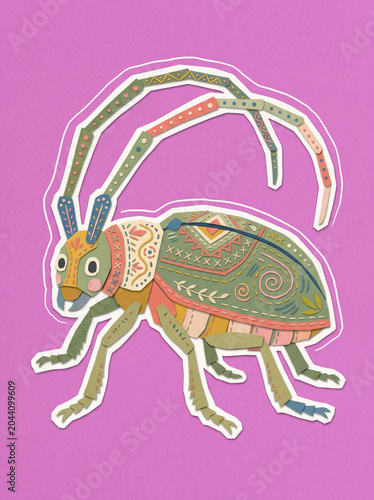 Folk Art Longhorn Beetle Illustration, Patterned, Magenta Background, Entomology Deco