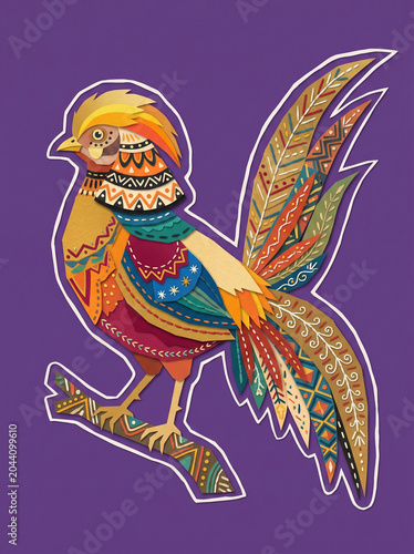 Folk Art Cockerel Illustration, Patterned, Purple Background, Boho Farmhouse Deco