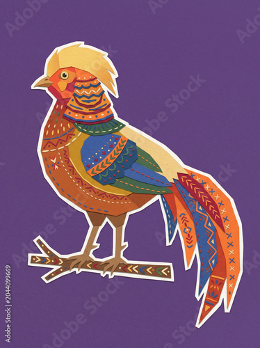 Folk Art Golden Pheasant Illustration, Patterned, Purple Background, Boho Avian Deco