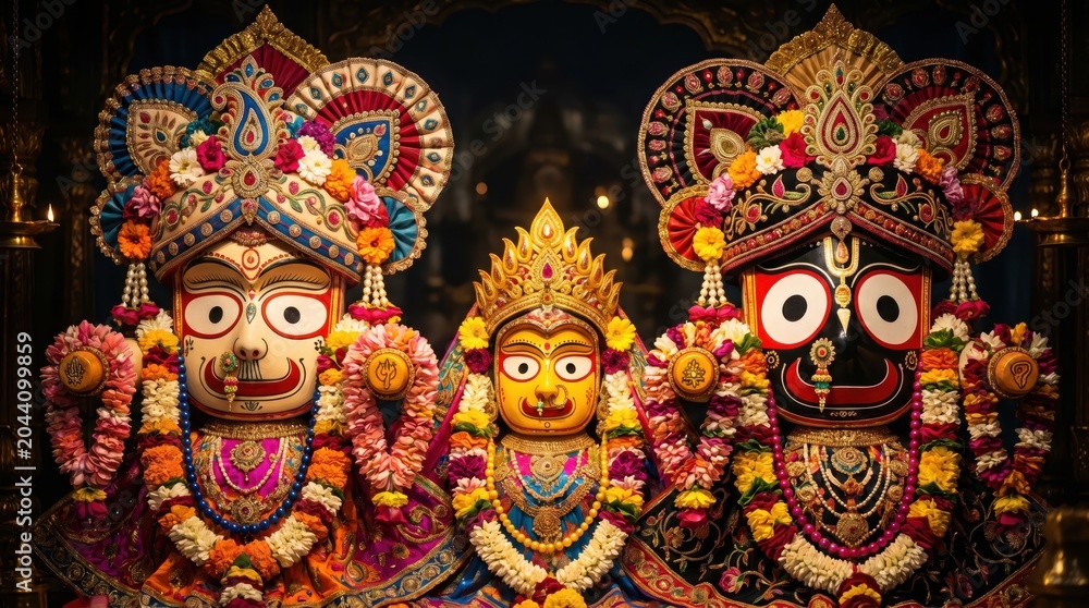 Fototapeta premium Ornate statues of jagannath balabhadra and subhadra adorned with colorful flower garlands and golden crowns