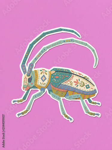 Patterned Longhorn Beetle Illustration, Folk Art, Magenta Background, Entomology Deco