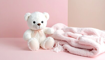 A white teddy bear sits beside a pink blanket