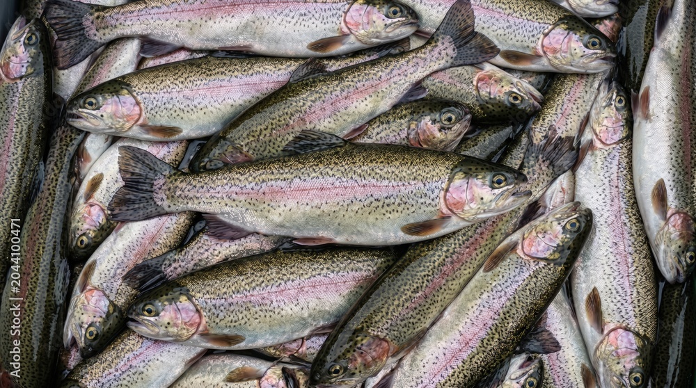 Fototapeta premium Fresh rainbow trout stacked together in a large pile showing vibrant silver scales and pink iridescent sides captured in natural light for commercial seafood market