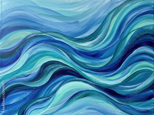 Abstract painting of flowing blue and teal ocean waves