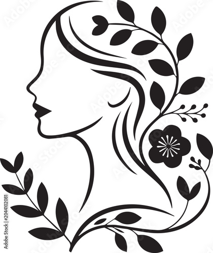 Minimalist vector illustration of female side profile face decorated with elegant botanical floral elements and lush foliage.