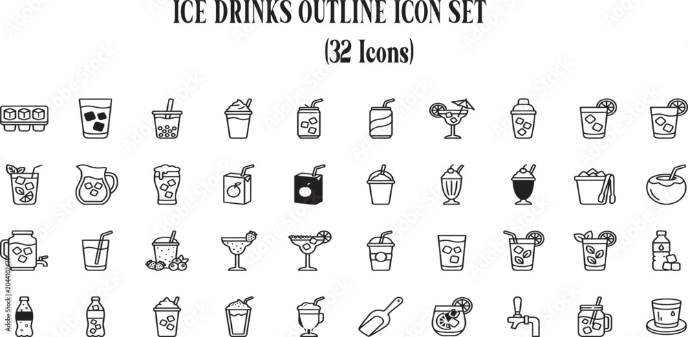 Fototapeta premium Refreshing Ice Drinks Outline Icons – Chilled Beverage & Cocktail Line Art Pack