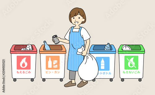 Photos ごみ箱の前でごみの分別に悩む主婦のイラスト。Illustration of a housewife wondering how to separate trash in front of recycling bins