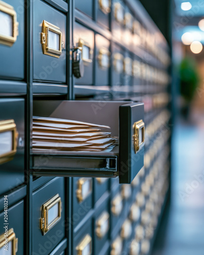 Open File Cabinet Drawer with Documents for Office Archive Management