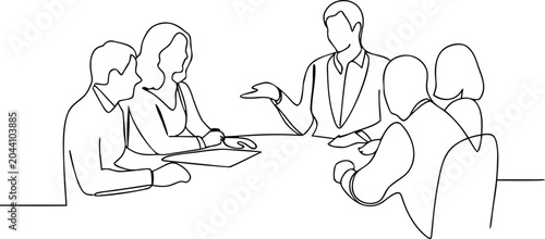Foto Business people during brainstorming session at office desk continuous line drawing art