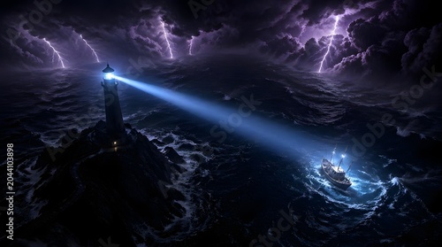 Lighthouse Guiding Ship Through Stormy Seas, Beacon of Hope in Dark Ocean