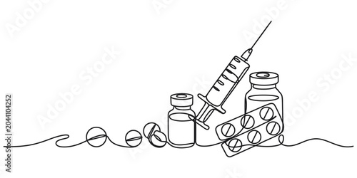 Continuous line drawing of medical syringe pills and vaccine medicine bottles