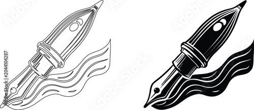Konstfotografi Fountain pen nib detail with ink flowing movement in vintage woodcut print graphic style