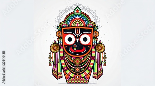 Stylized of lord jagannath deity with geometric patterns and vibrant traditional colors idol