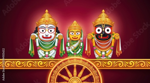 Traditional deities jagannath balabhadra and subhadra with golden chariot wheel on deep maroon background