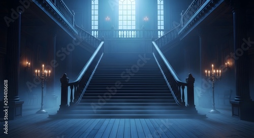 Grand staircase in a dark, mysterious, and foggy mansion interior with glowing candelabras