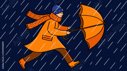 Photos A vector illustration depicting a person with an umbrella walking against heavy