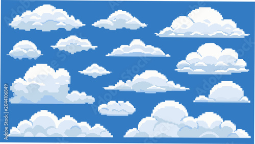 Valokuva A collection of white pixelated clouds against a bright blue background a digita