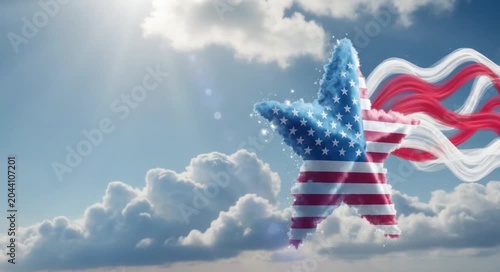 Patriotic 3d american flag star soaring through a bright sunny sky with red and white trails.