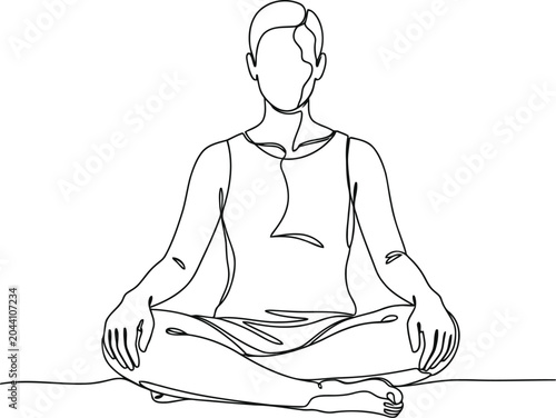 A continuous single line drawing of a person sitting in a meditative yoga pose on the floor