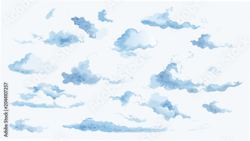 Photos A collection of fluffy pale blue clouds depicted in a watercolor style with a tr