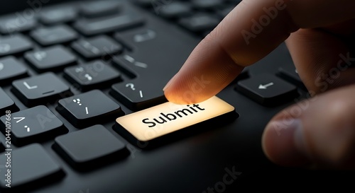 Hand pressing submit button on keyboard.