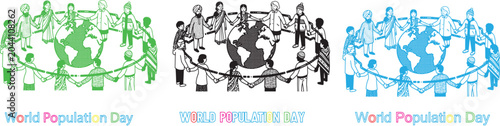 Photos World Population Day concept vector illustration of diverse people holding hands in a human chain around the globe earth sphere