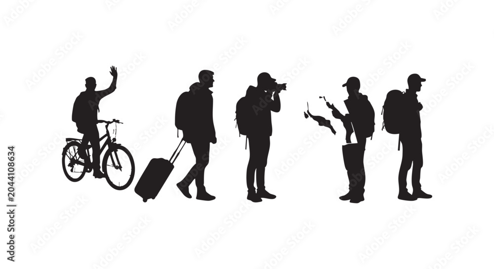 Obraz premium Travelers silhouette collection showing tourists with luggage and photographer plus cyclist exploring various destinations.