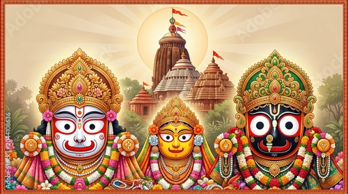 Traditional hindu deities jagannath baladeva and subhadra before the ancient jagannath temple architecture