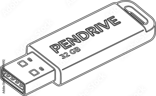 Quadro em tela Simple Black and White Line Art Drawing of USB Pendrive.