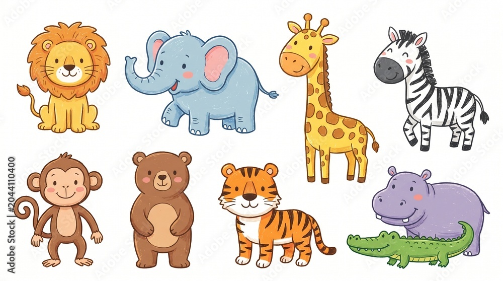 Obraz premium A delightful collection of cartoon wild animals, including a lion, elephant, giraffe, zebra, monkey, bear, tiger, hippopotamus, and alligator, all presented in a charming, illustrative style.