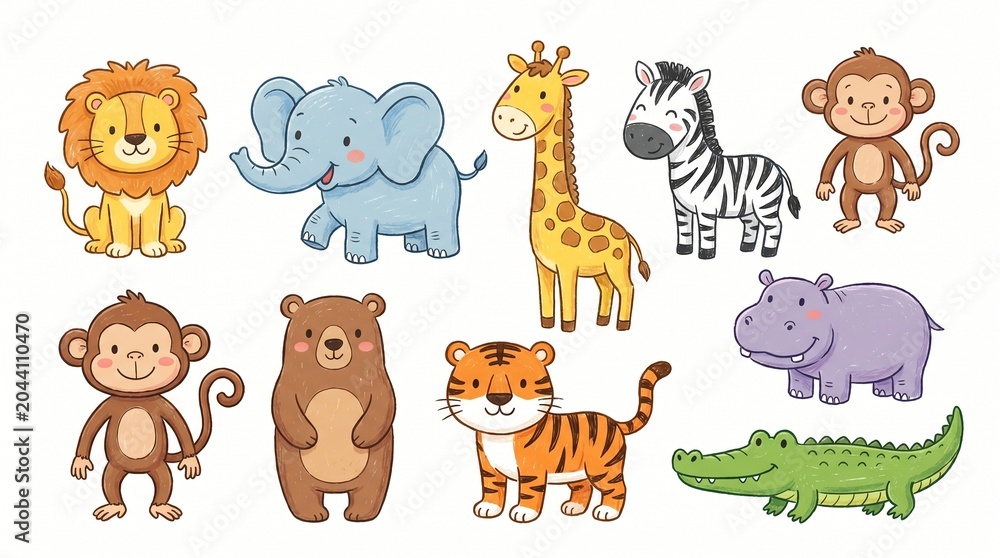 Fototapeta premium A charming collection of cute cartoon wild animals, including a lion, elephant, giraffe, zebra, monkey, bear, tiger, hippopotamus, and crocodile.